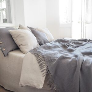 True grey linen blanket with fringes