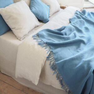 Dusty blue linen blanket with fringes